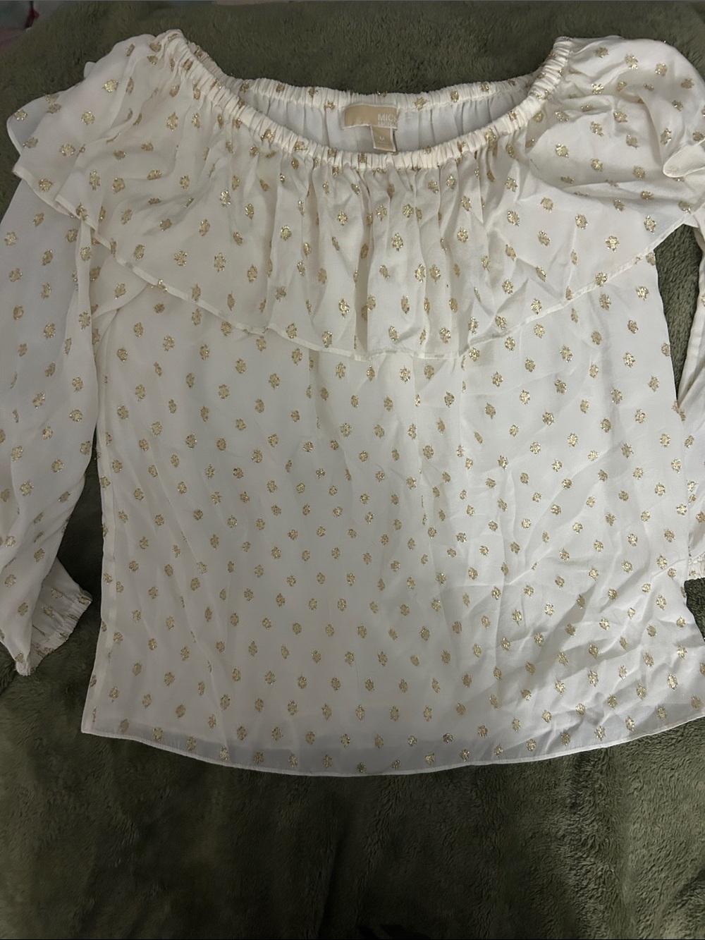 MICHAEL Michael Kors White Off-Shoulder Blouse with Gold Dot Detail